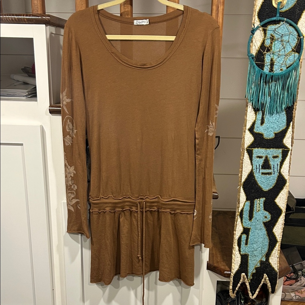 Women's Midi Drawstring Waist Long Sleeve Dress - Brown